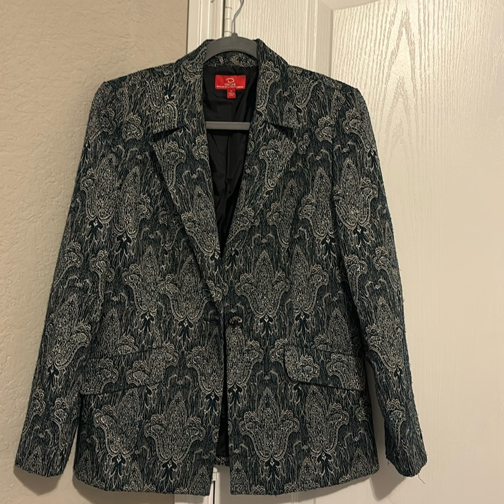 Oscar De La Renta Vintage Womens Jacket Blazer Dark Teal Black Metallic Size 10
